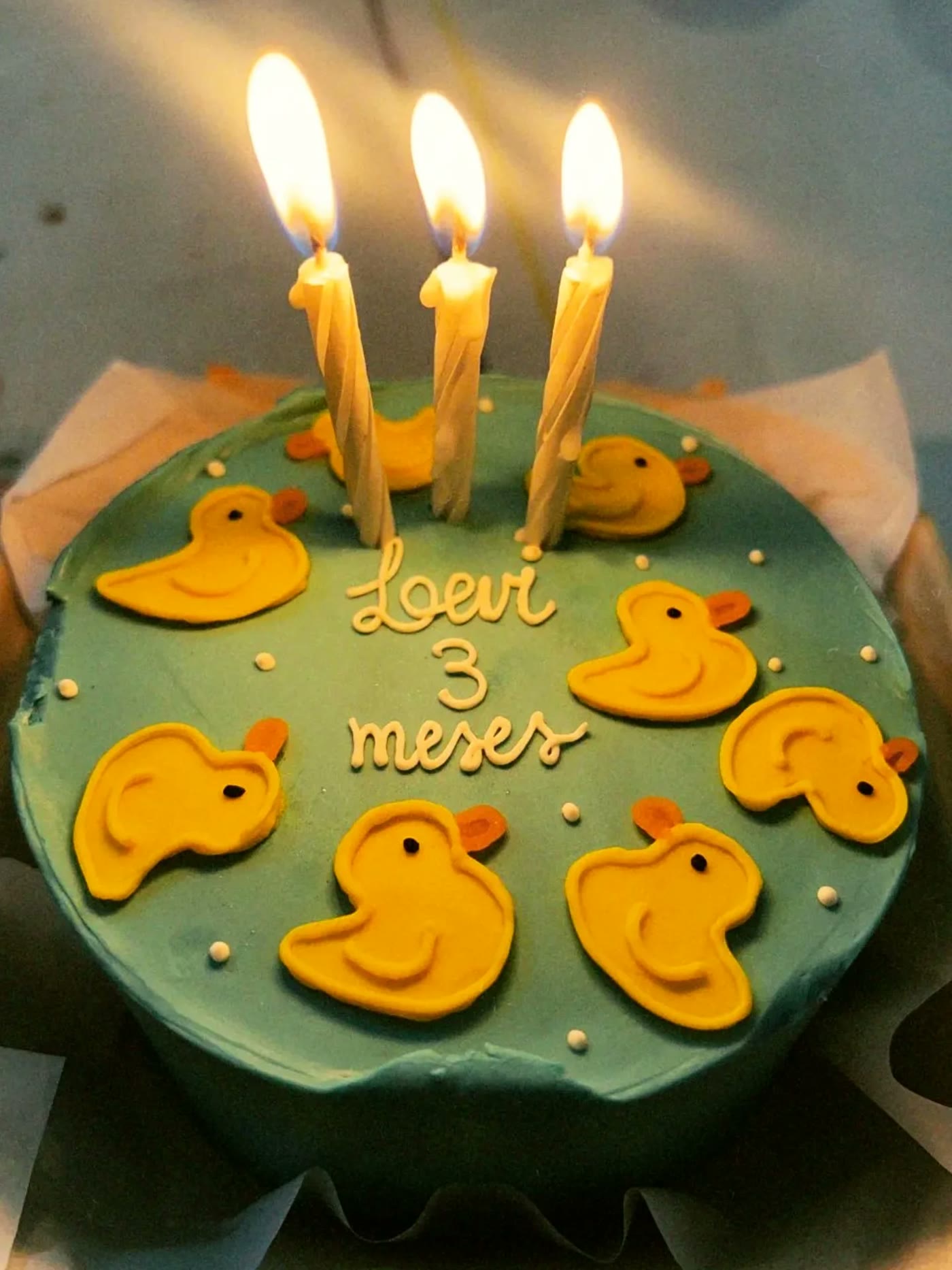Bentô cake verde com patinhos de confeitar e velas